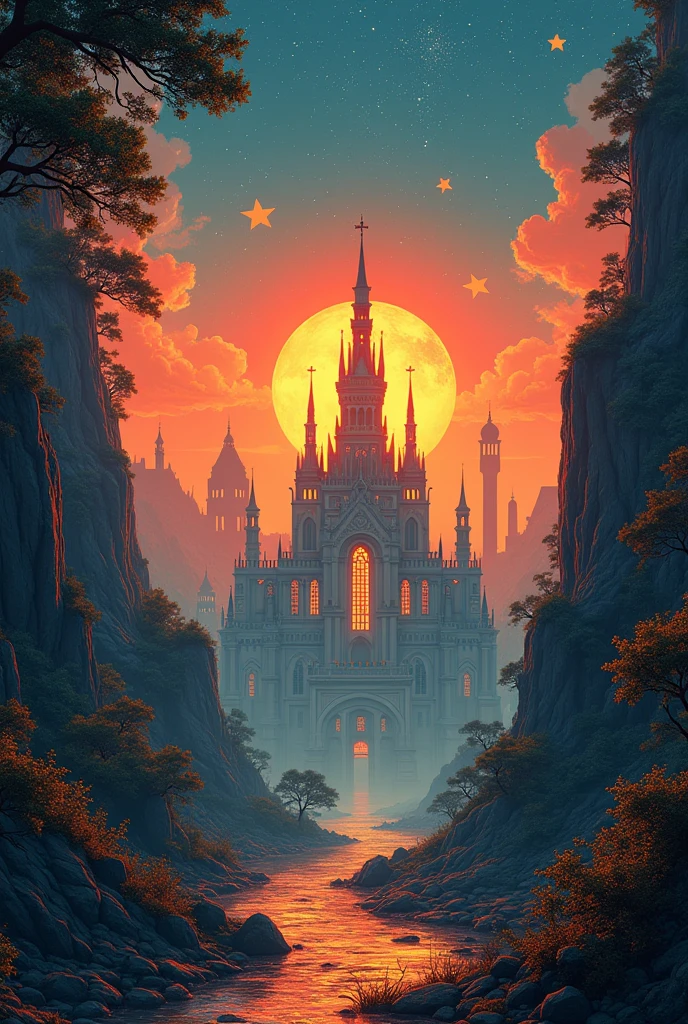 Epic dreamlike fantasy landscape, 4k HD matte digital, 8k HD Wallpaper Digital Art，Close-up of a poster，Buildings in the background, A starlit city at sunset, Ivan Bilibin (Ivan Bilibin) of inspiration, Grainy Risograph Matte, Sacred City | illustration, inspired author：Igor Grabar, slav epic, Magical Soviet town, author：Igor Grabar, 受到瓦西里·马克西莫夫of inspiration, Andrei Ryakin (Andrei Ryabushkin) of inspiration