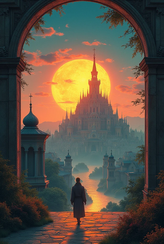 Epic dreamlike fantasy landscape, 4k HD matte digital, 8k HD Wallpaper Digital Art,Close-up of a poster,Buildings in the background, A starlit city at sunset, Ivan Bilibin (Ivan Bilibin) of inspiration, Grainy Risograph Matte, Sacred City | illustration, inspired author:Igor Grabar, slav epic, Magical Soviet town, author:Igor Grabar, 受到瓦西里·马克西莫夫of inspiration, Andrei Ryakin (Andrei Ryabushkin) of inspiration