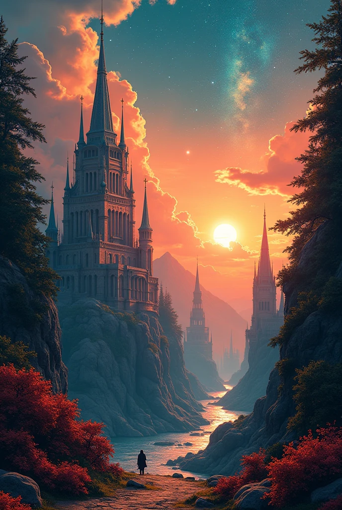 Epic dreamlike fantasy landscape, 4k HD matte digital, 8k HD Wallpaper Digital Art,Close-up of a poster,Buildings in the background, A starlit city at sunset, Ivan Bilibin (Ivan Bilibin) of inspiration, Grainy Risograph Matte, Sacred City | illustration, inspired author:Igor Grabar, slav epic, Magical Soviet town, author:Igor Grabar, 受到瓦西里·马克西莫夫of inspiration, Andrei Ryakin (Andrei Ryabushkin) of inspiration