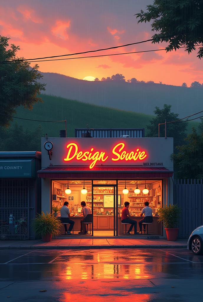 Big
Graphic design studio in city street with studio name
,with grenaey hill background, orange evening sky rainy water on road anime in India