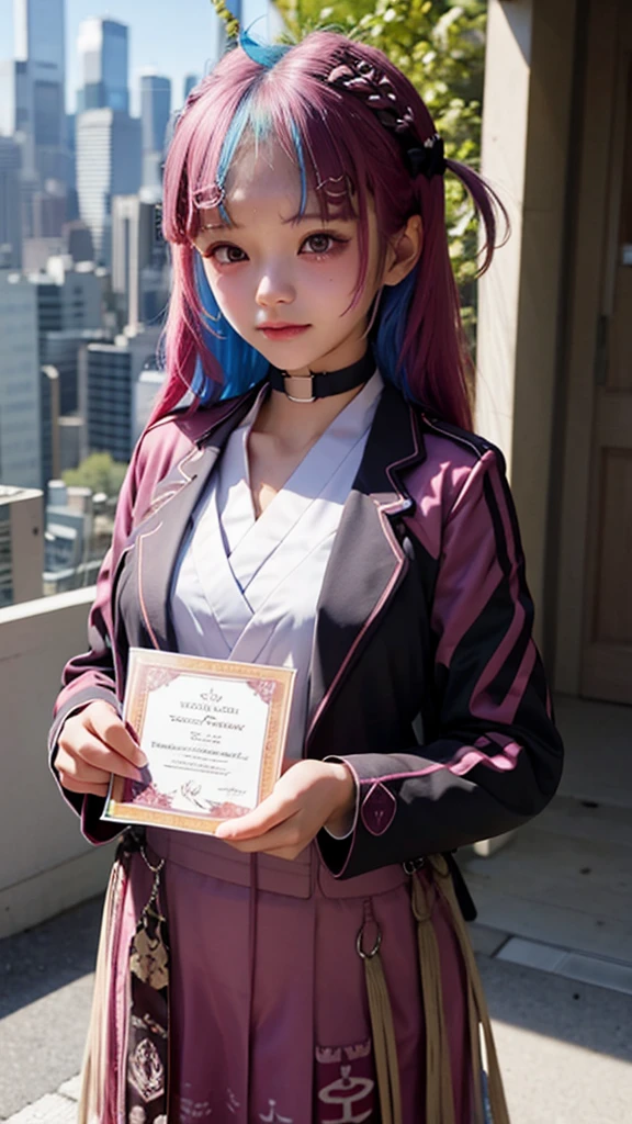 highest quality、8K、Super detailed、Female, 28 years old, Dark blue jacket, Pink Super Mini Skirt, ((Camera work from below)),Pink tie, socks, Pink long hair, alone, Academics、rainbow、shine、Full Body Esbian, Watching the audience, Front view,Real Photo:1.6