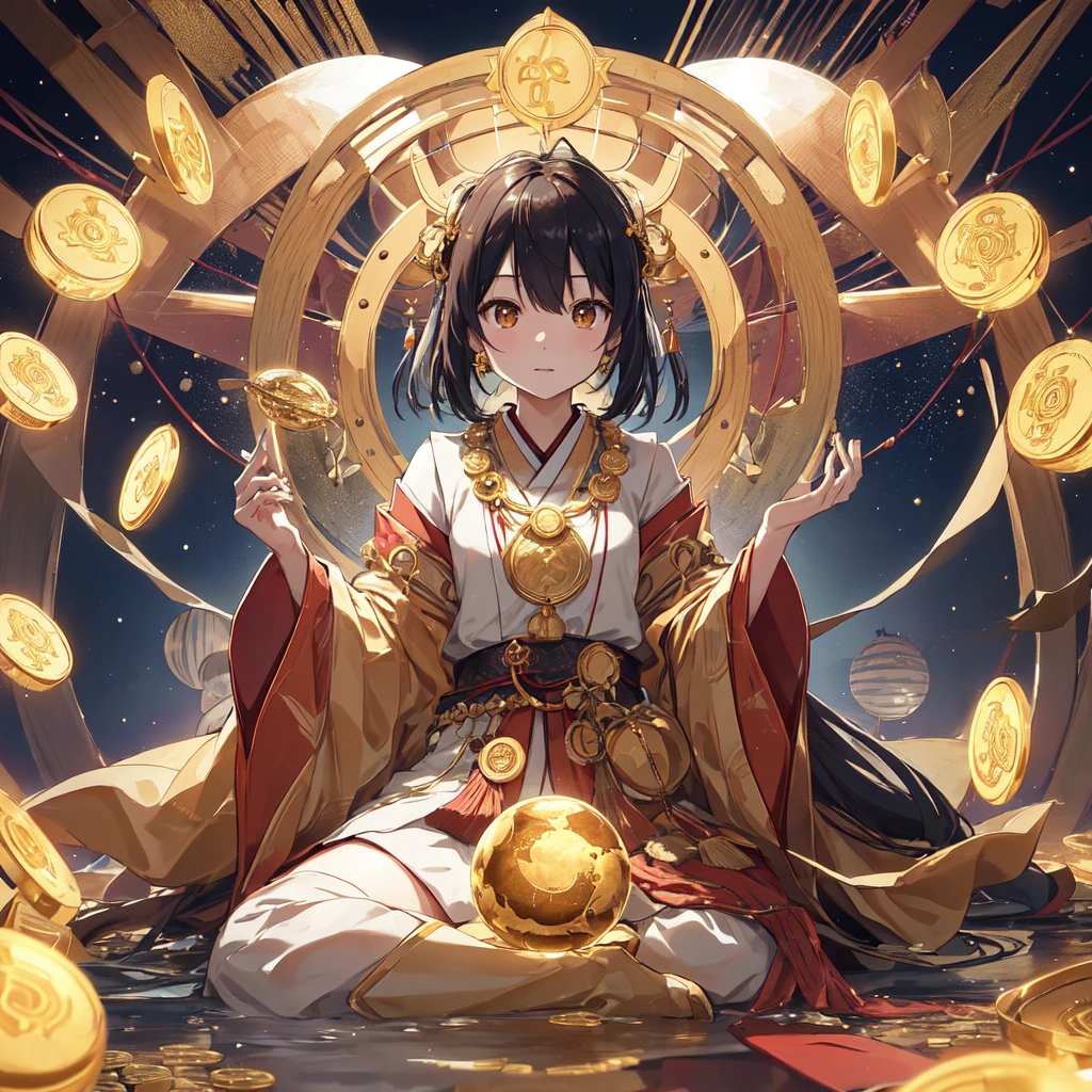 Young Japanese Woman, Captivating look。Necklace made of golden coins。He is sitting on a floating platform in the middle of a coin-shaped sphere.. The sphere has a golden coin pattern.。Surrounded by several spheres emitting a fiery aura. Dramatic lighting illuminates the scene, Casts a deep shadow on clothing. Young people seem confident and determined, vast and mysterious。High resolution, masterpiece, Highest quality, detail, 高いdetail, Hair that falls over the shoulders,
No wind、flame, Godley,