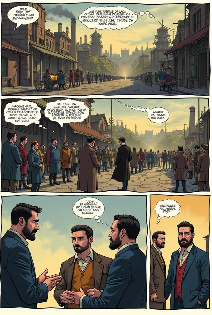 Create a comic with dialogues in Spanish about what the industrial revolution did for society