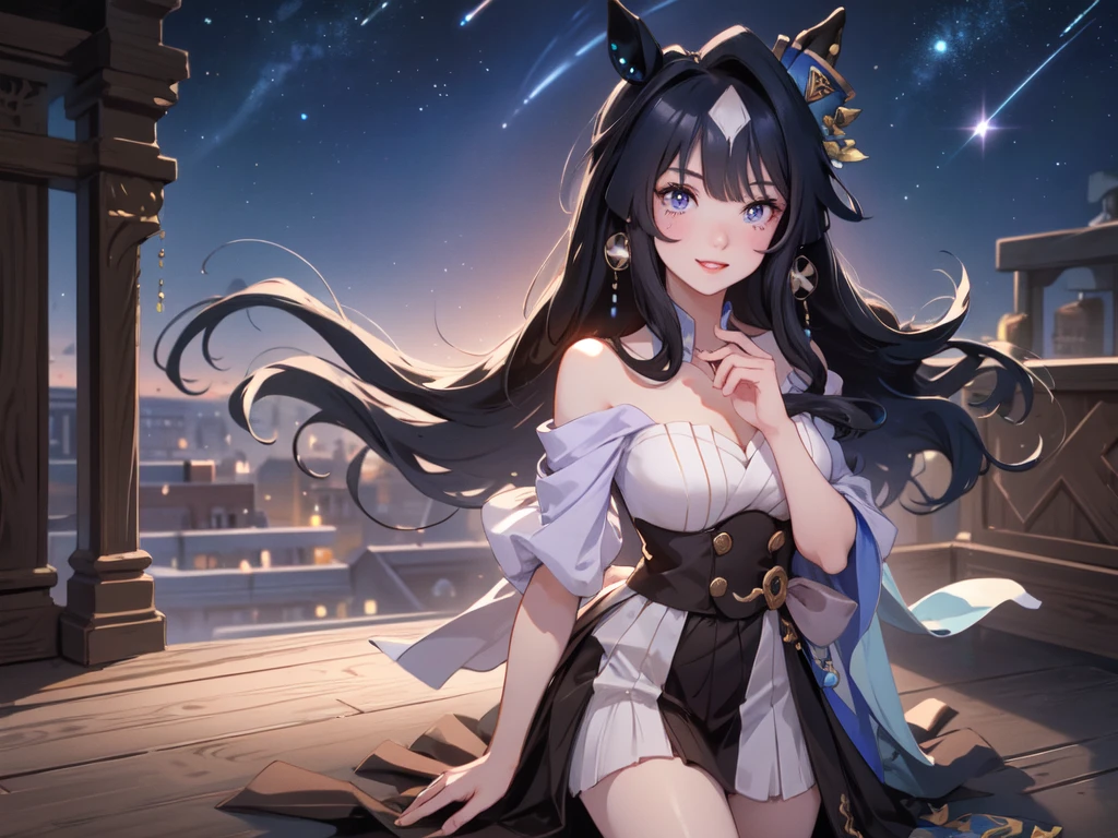 Masterpiece, high quality, 8k, HDR、Chest centered。Cool horse ears beauty、smile、looking at the camera。Brown Eyes、Pink Lipstick、Glamorous Body。Red glasses、Shoulder less、Active wear。Kneeling、Place your hands on your chest and waist。Night starry sky、Brick Road。