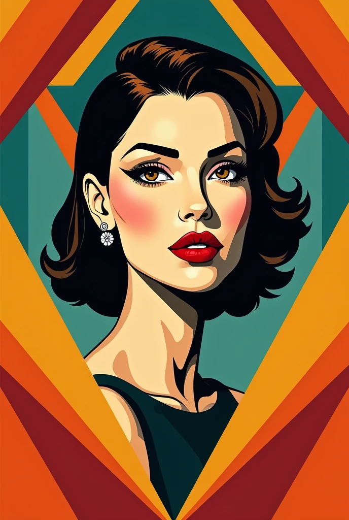 art deco female head and shoulders facing camera in color triangular pattern border