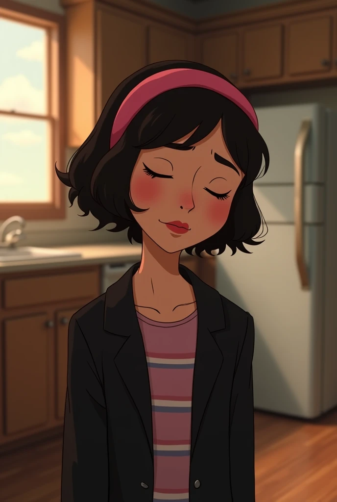 A woman with short black hair and a pink headband with sad facial expressions smiling with her eyes closed, she is wearing a black coat and a striped blouse, She is in the kitchen and in the background of the image there is only a window and a refrigerator, the floor is wooden, disney pixar style.