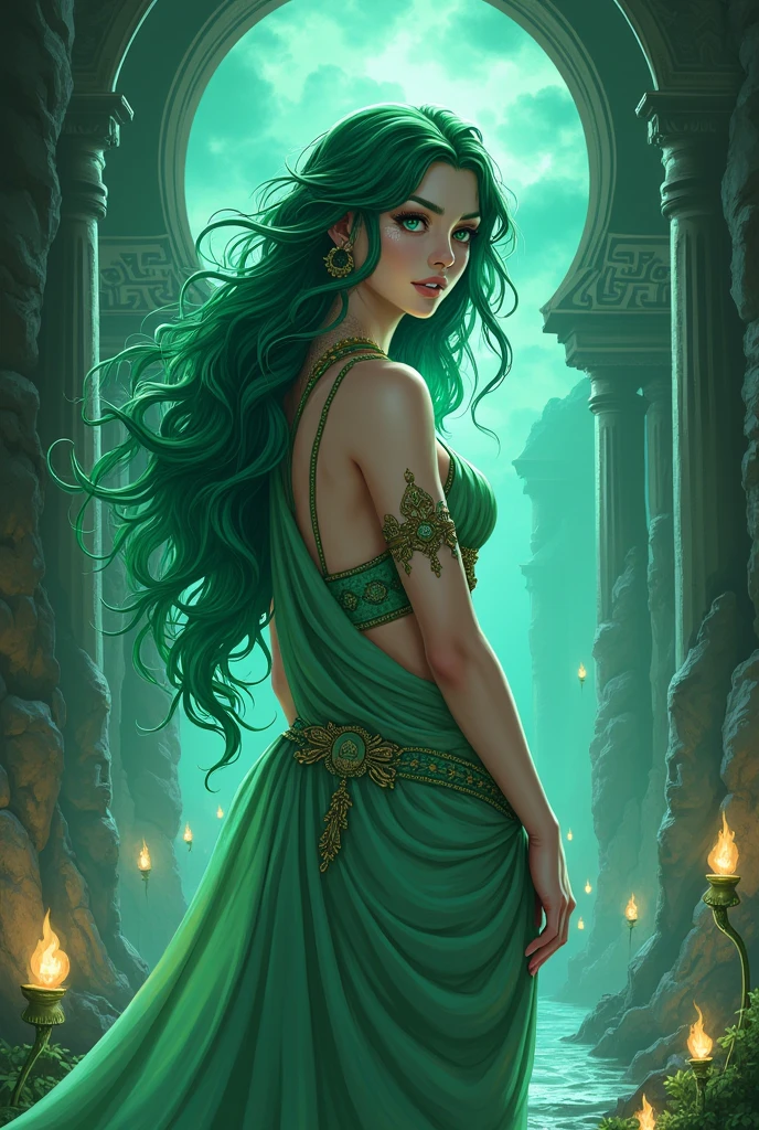 beautiful adult woman with green hair and green eyes, in ancient Greek attire with anime style in the Greek Underworld