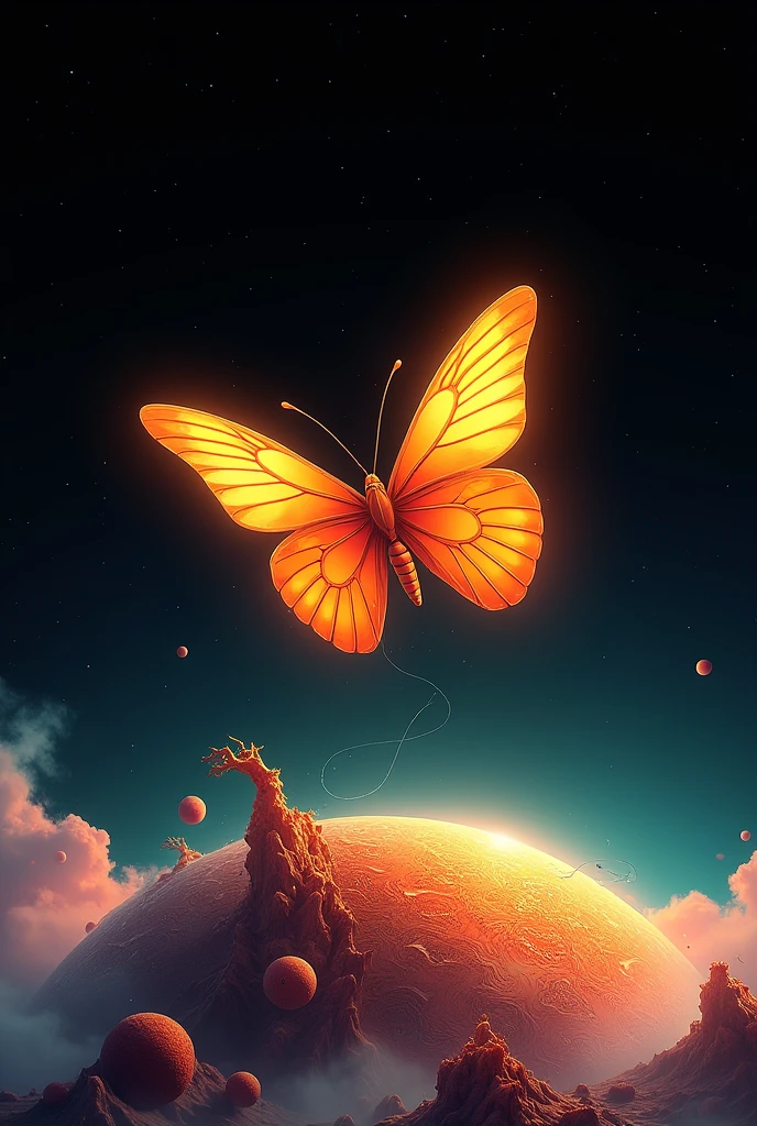 Orange butterfly in space perched on a planet in surreal style
