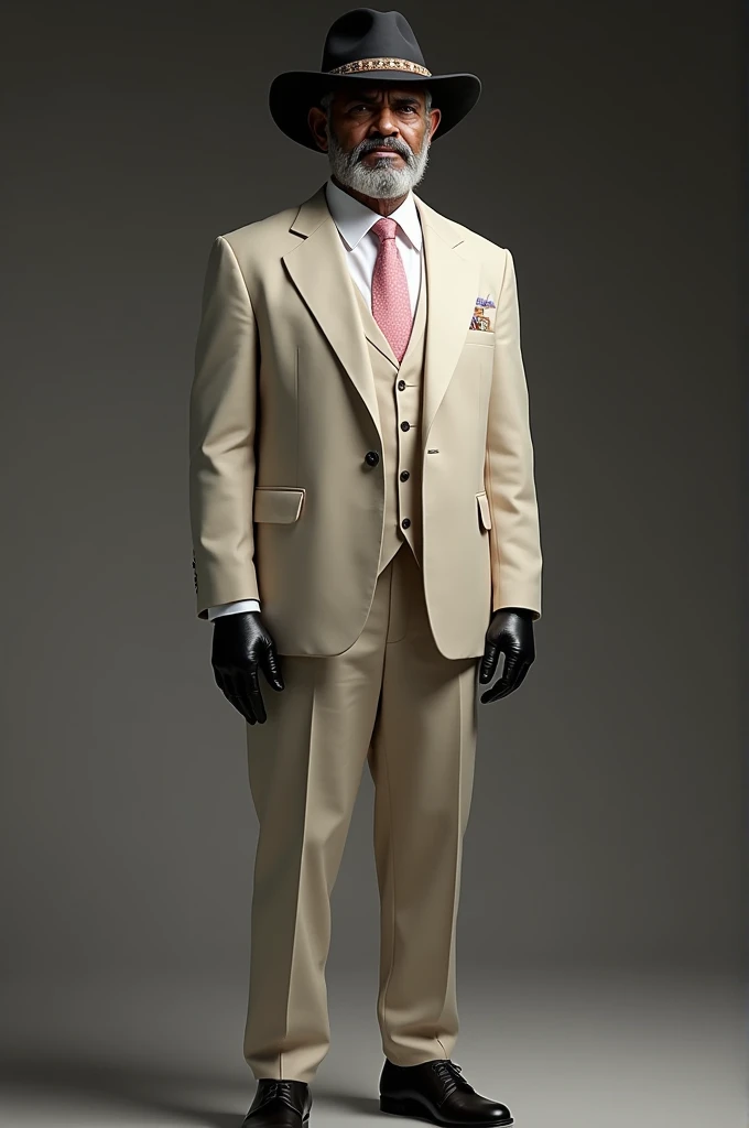 A person in a light-colored suit, an indigenous man, black hat with lead trim, baby pink tie, White shirt, black shoes and leather gloves.