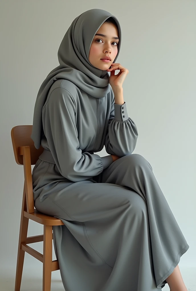 Full body, 17yo girl wearing hijab and grey dress posing on chair