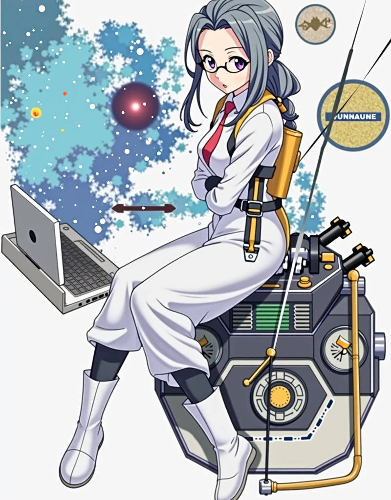 anime girl wearing glasses with ponytails sitting on machine with laptop and space in background, (ponytail forehead hair pulled back:1.3), (black hair:1.3), anime girl of the future, alchemist girl, labcoat, portrait anime space cadet girl,anime style, from girls frontline, fine details. girls frontline, girls frontline universe, girls frontline style, girls frontline, girls frontline cg, soft anime illustration, 2 0 2 2 anime style, 2022 anime style, pixiv contest winner, pretty anime character design, render of april Estimate