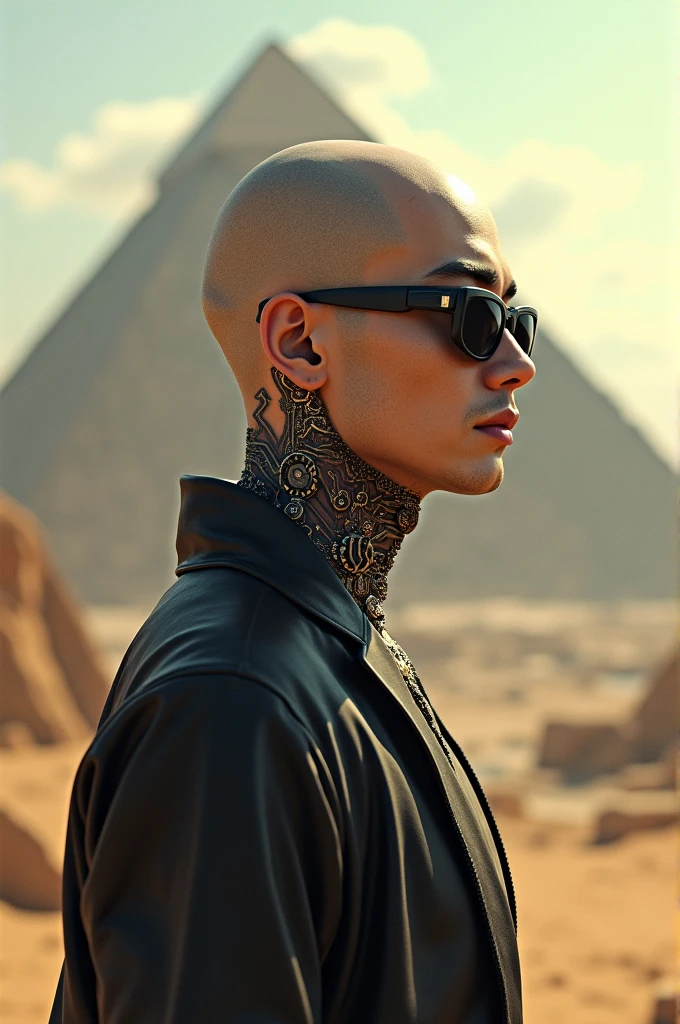 A bald pharaoh with a tattoo on his neck that makes him look like a robot with dark glasses and a pyramid in the background with a futuristic feel 