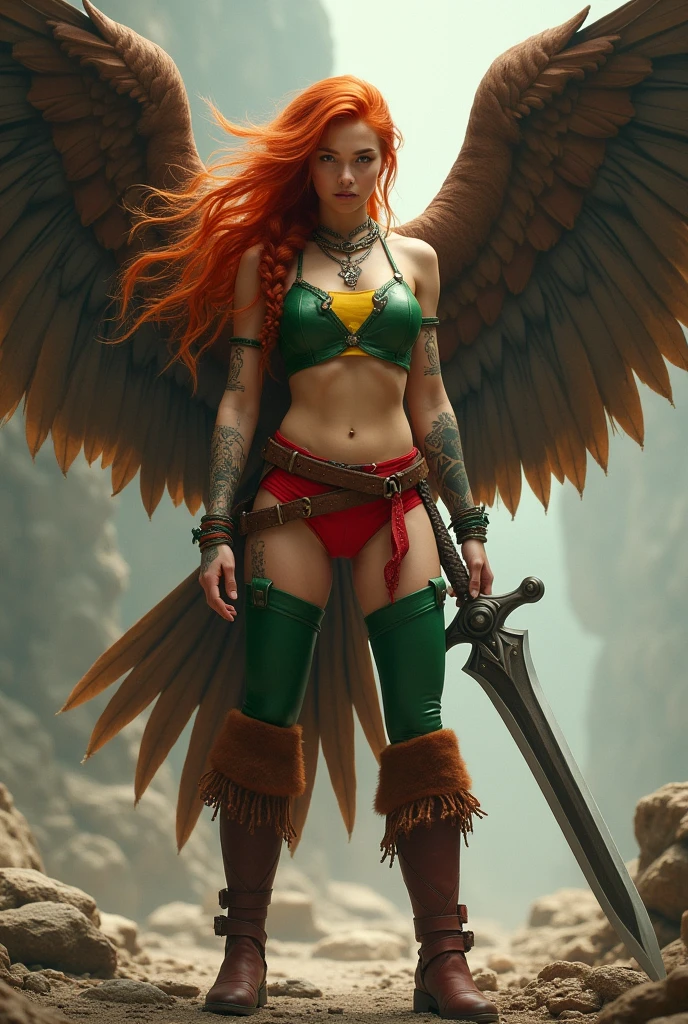 A beautiful red-haired woman wearing a green leather top with yellow in the middle and cali green leggings with red shorts or thong over the leggings, red sheepskin boots, a giant wide-brimmed sword, huge brown falcon wings that cover her entire body, a brown harness on her chest, tattoos on one of her arms, a long braid blowing in the wind