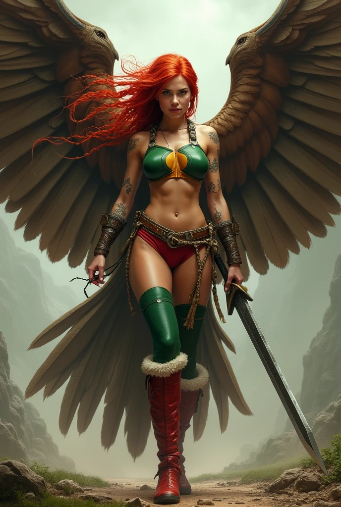 A beautiful red-haired woman wearing a green leather top with yellow in the middle and cali green leggings with red shorts or thong over the leggings, red sheepskin boots, a giant wide-brimmed sword, huge brown falcon wings that cover her entire body, a brown harness on her chest, tattoos on one of her arms, a long braid blowing in the wind