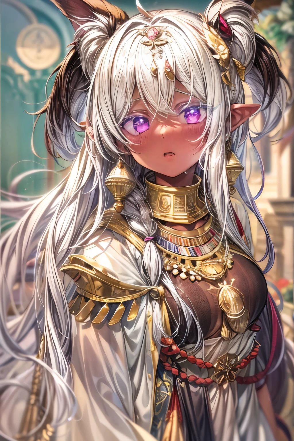 High resolution, masterpiece, Highest quality, Textured skin, Plump Skin, Glowing Skin, girl, Only one person, Brown Skin, White Hair, White lashes, Small breasts, Royalty, Crescent-shaped earrings, Egyptian ornaments, Flying in the air, Arrival, Wear warm clothes, dress, armor, Painful expression, feverish, Sweat, Sky, Twin tails, Long Hair, Use magic