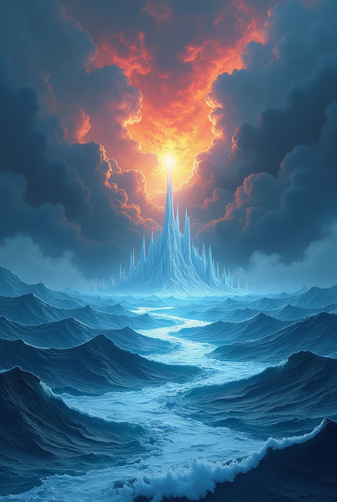 a stormy blue ocean was slowly freezing by the unknown forces, the sky was mirroring the ocean but in contradiction it was ablaze by the hellish fire. The scenery screams a cataclysmic awakening of an unknown forces.