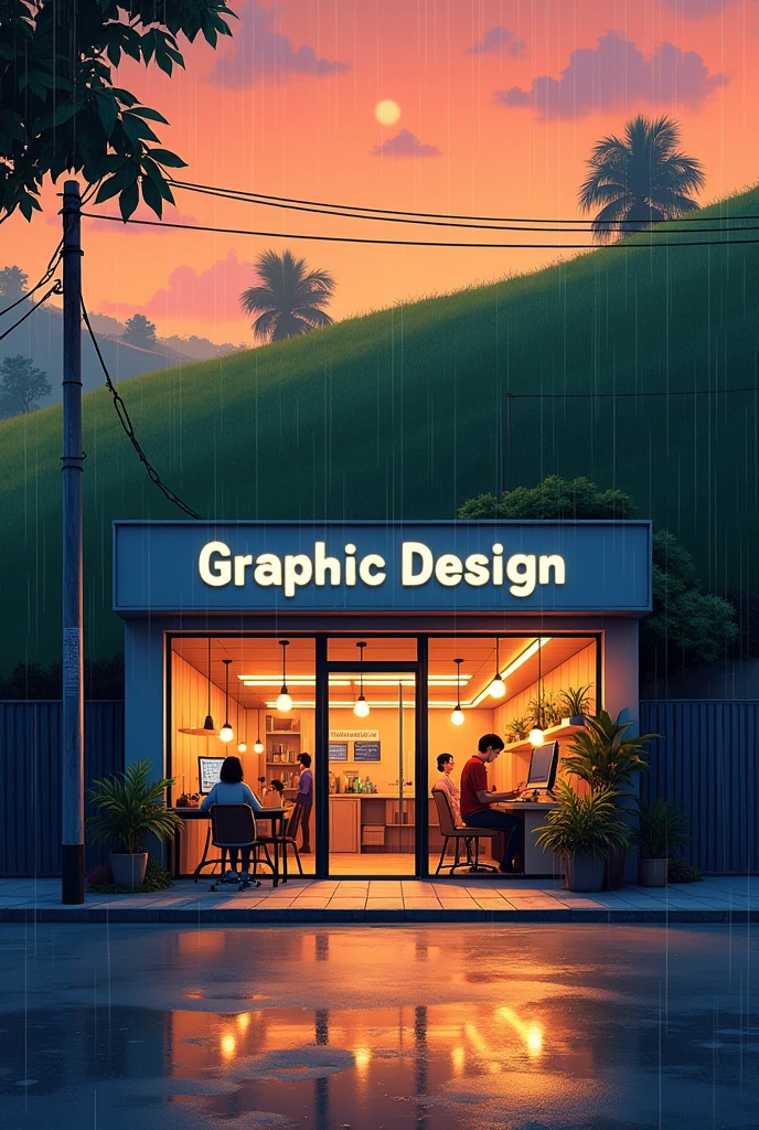 Big
Graphic design studio in city street with studio name
,with grenaey hill background, orange evening sky rainy water on road anime in India