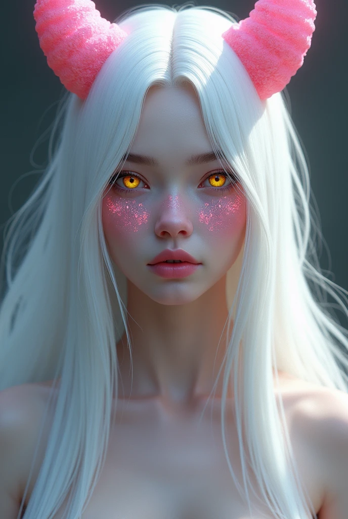 Nipples not visible due to pink flakes, White straight hair, a siren with pink horns. Yellow and big eyes.