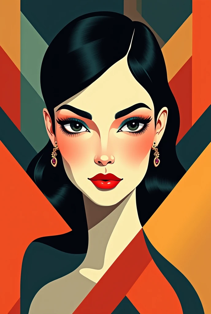 art deco female head and shoulders facing camera in color triangular pattern border