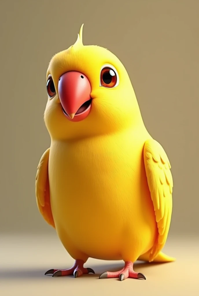 3D animation, yellow bird with red beak, of the Ring Neck Psitaculla krameri species, on a neutral background