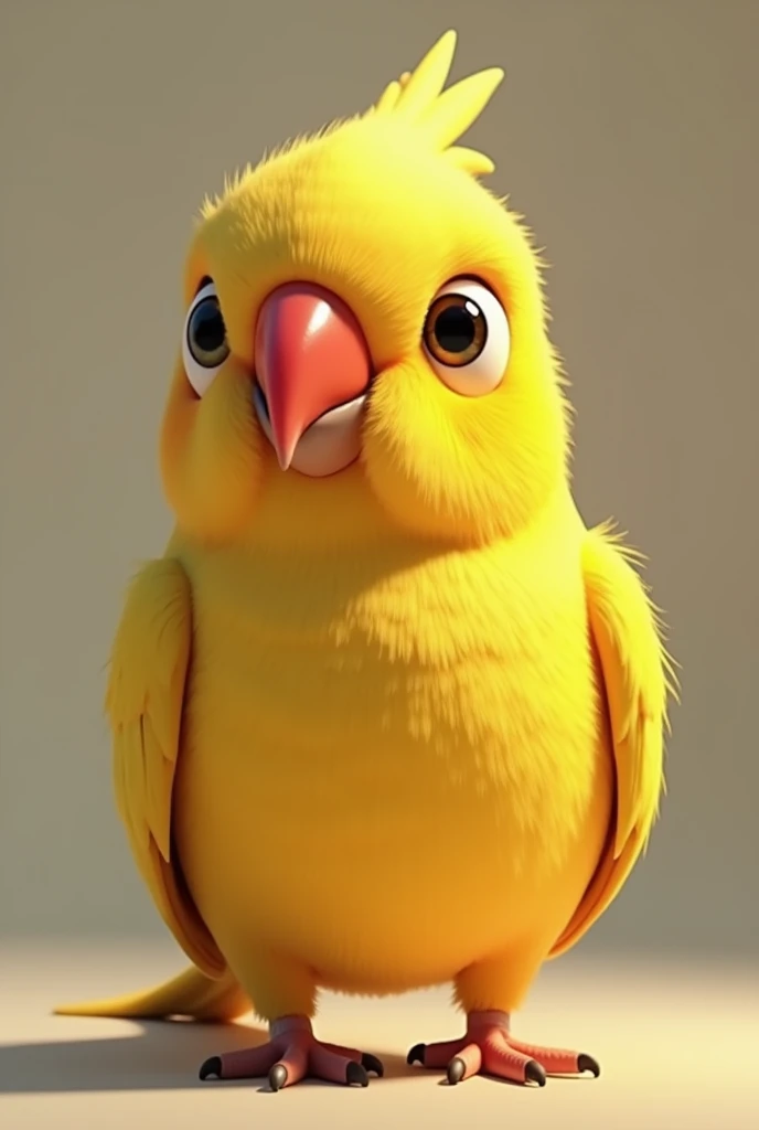 3D animation, yellow bird with red beak, of the Ring Neck Psitaculla krameri species, on a neutral background