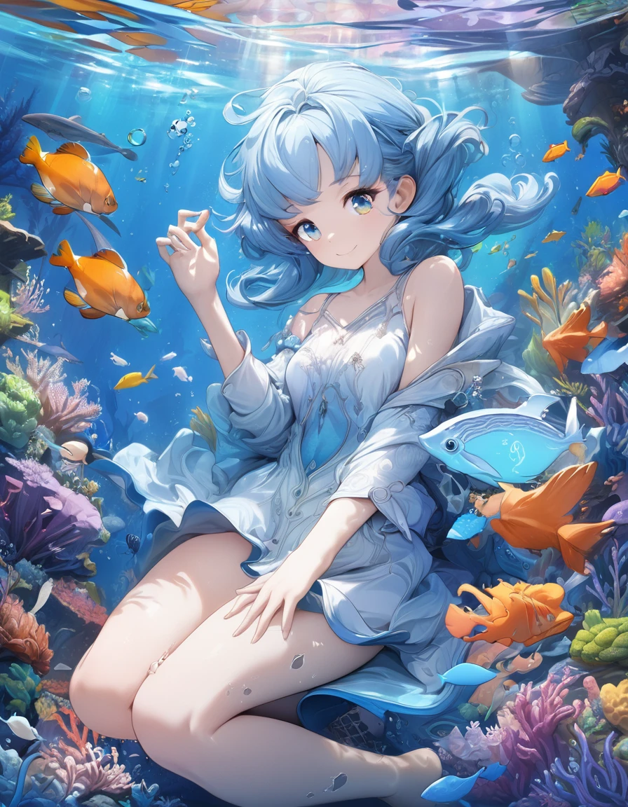 Highest quality、masterpiece、Very detailed、Finely detailed、High resolution、8k wallpaper、Fine and beautiful eyes、 girl with blue hair、A myriad of marine life in the background、Mysterious underwater、A gentle smile、whole body、Feeling like you're floating gracefully through the water、Dragon Palace、Fantasy、Countless firefly-like lights are flying、Has a feather robe
