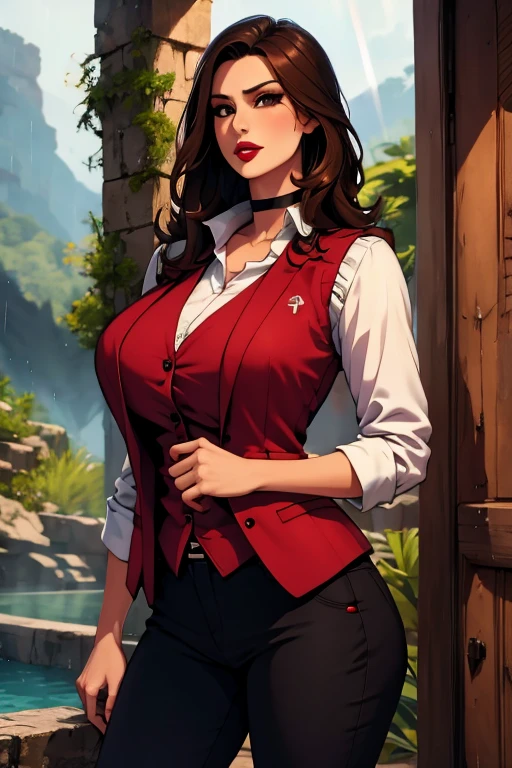 The woman, (((shirt, shirt, vest, best, pants))), Boots, Cuba in the background, jungle, rain, rain, Very detailed, Realistic long-term photography, 4k, by the wide, brown hair, By the chestnut, Red lips, choker, shocks, sexy,red lips, brown eyes, big breasts, big breasts, breasts, wet, Lucia Auditore