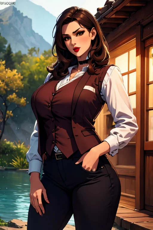 The woman, (((shirt, shirt, vest, best, pants))), Boots, Cuba in the background, jungle, rain, rain, Very detailed, Realistic long-term photography, 4k, by the wide, brown hair, By the chestnut, Red lips, choker, shocks, sexy,red lips, brown eyes, big breasts, big breasts, breasts, wet, Lucia Auditore