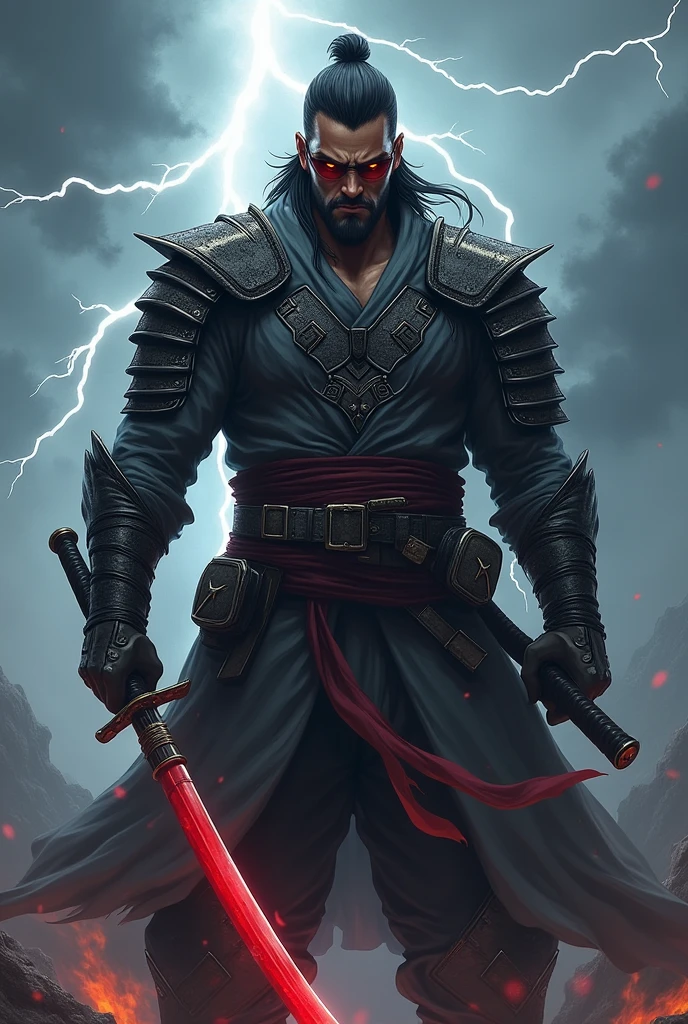 A brown-skinned man swordsman with a red katana with lightning bolts and gray armor with shades of black
