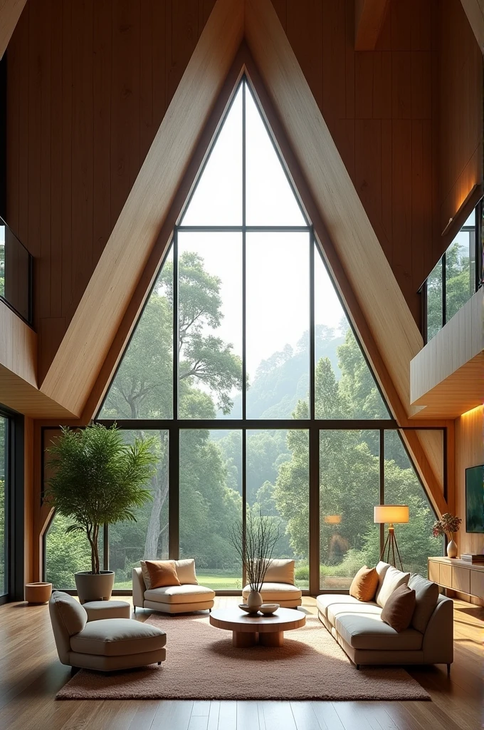 A large living room with a triangular ceiling 