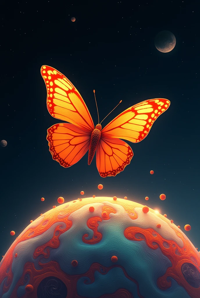 Orange butterfly in space perched on a planet in surreal style