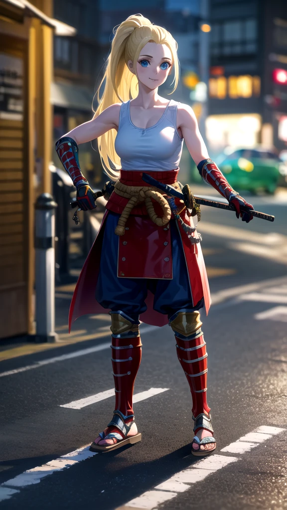 photorealistic, (4k), depth of field, (Masterpiece), (realistic skin texture), extremely detailed, intricate, hyper detailed, professional photography, bokeh, high resolution, sharp detail, best quality, girl, long hair, blonde hair, ponytail, blue eyes, white tank top, (samurai armor), gloves, knees to chest , dynamic pose,  open highway, empty roads, happy, standing in the middle of the road, daylight, japanese architecture,