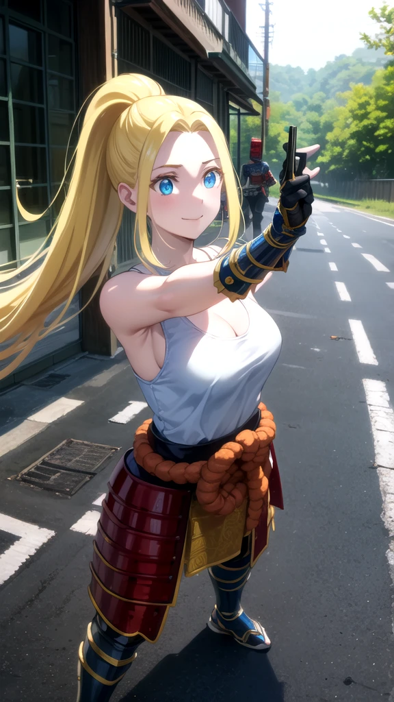 photorealistic, (4k), depth of field, (Masterpiece), (realistic skin texture), extremely detailed, intricate, hyper detailed, professional photography, bokeh, high resolution, sharp detail, best quality, girl, long hair, blonde hair, ponytail, blue eyes, white tank top, (samurai armor), gloves, knees to chest , dynamic pose,  open highway, empty roads, happy, standing in the middle of the road, daylight, japanese architecture,