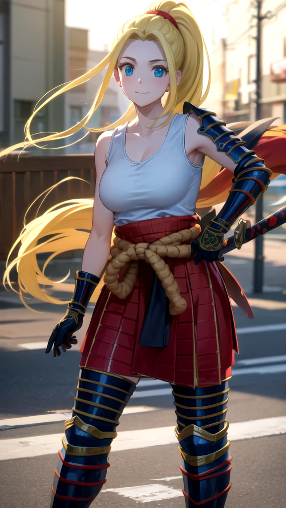 photorealistic, (4k), depth of field, (Masterpiece), (realistic skin texture), extremely detailed, intricate, hyper detailed, professional photography, bokeh, high resolution, sharp detail, best quality, girl, long hair, blonde hair, ponytail, blue eyes, white tank top, (samurai armor), gloves, knees to chest , dynamic pose,  open highway, empty roads, happy, standing in the middle of the road, daylight, japanese architecture,