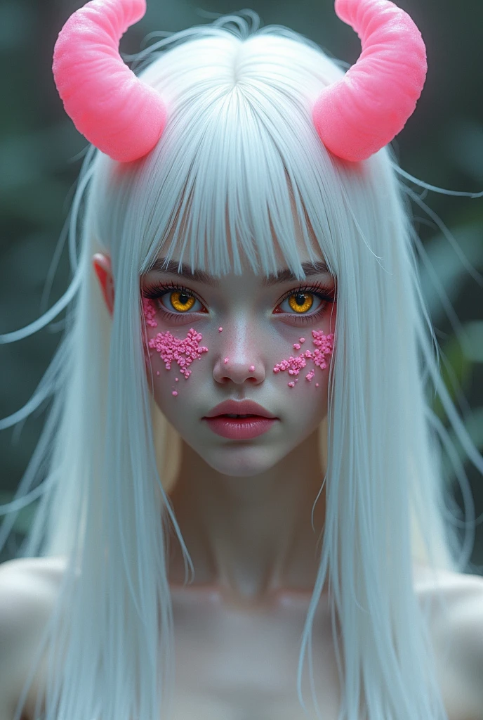 Nipples not visible due to pink flakes, White straight hair, a siren with pink horns. Yellow and big eyes.
