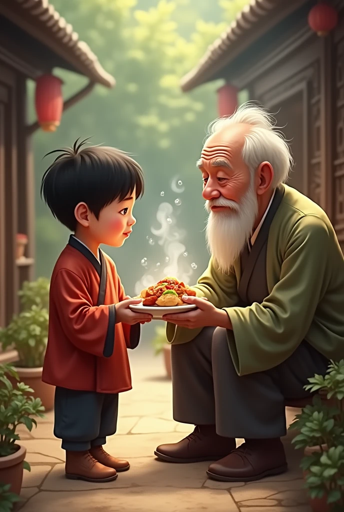 Chinese boy carrying a plate of food and feeding an old man 