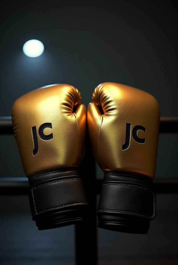 Gold boxing gloves with black with the letters "JC" engraved on them 