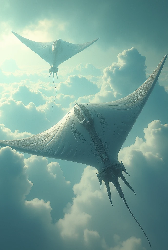 Sky with clouds and giant manta rays, Giger style