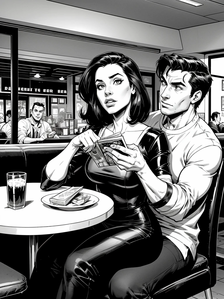 black and white comic book image of a woman sitting in a diner with her boyfriend