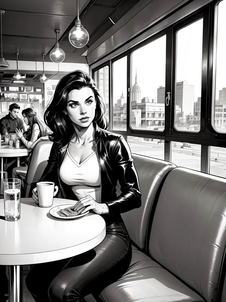 black and white comic book image of a woman sitting in a diner with her boyfriend