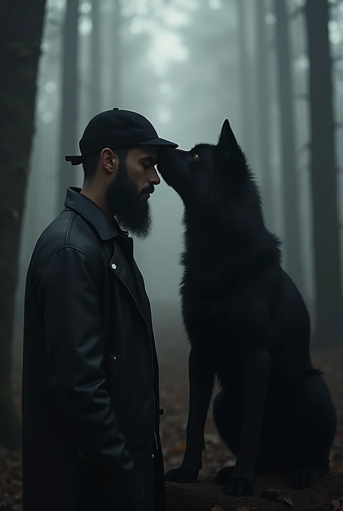 Design a haunting logo that evokes a profound emotional connection. A solitary, contemporary man of Arabic heritage, his face softened by a carefully groomed beard, and crowned by a black cap, stands as a symbol of resilience. Clad in a sleek black leather jacket and dark sunglasses, he embodies a fusion of tradition and modernity. In a moment of raw vulnerability, he rests his forehead against a majestic black wolf, their shared breath misting in the ethereal forest. The wolf's soulful eyes mirror the man's, their bond a silent testament to unwavering loyalty. The scene is shrouded in a mysterious, ethereal light, casting elongated shadows that deepen the sense of isolation and introspection. The logo should be a minimalist masterpiece, using a muted palette of black, gray, and silver to create a haunting atmosphere. Convey a sense of longing, power, and an unbreakable alliance, while maintaining a clean, modern aesthetic.