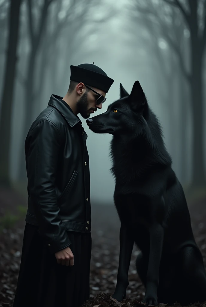 Design a haunting logo that evokes a profound emotional connection. A solitary, contemporary man of Arabic heritage, his face softened by a carefully groomed beard, and crowned by a black cap, stands as a symbol of resilience. Clad in a sleek black leather jacket and dark sunglasses, he embodies a fusion of tradition and modernity. In a moment of raw vulnerability, he rests his forehead against a majestic black wolf, their shared breath misting in the ethereal forest. The wolf's soulful eyes mirror the man's, their bond a silent testament to unwavering loyalty. The scene is shrouded in a mysterious, ethereal light, casting elongated shadows that deepen the sense of isolation and introspection. The logo should be a minimalist masterpiece, using a muted palette of black, gray, and silver to create a haunting atmosphere. Convey a sense of longing, power, and an unbreakable alliance, while maintaining a clean, modern aesthetic.