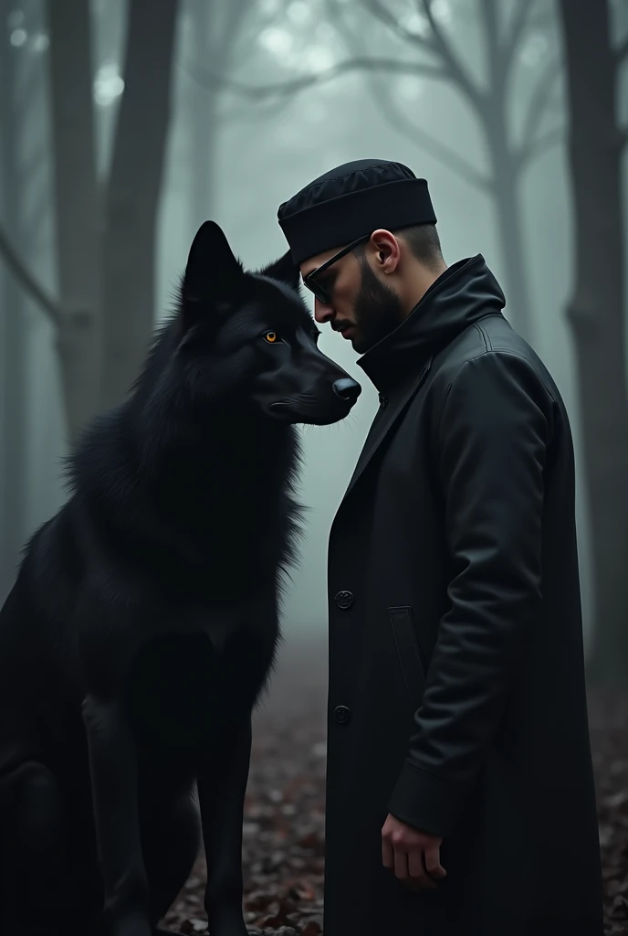 Design a haunting logo that evokes a profound emotional connection. A solitary, contemporary man of Arabic heritage, his face softened by a carefully groomed beard, and crowned by a black cap, stands as a symbol of resilience. Clad in a sleek black leather jacket and dark sunglasses, he embodies a fusion of tradition and modernity. In a moment of raw vulnerability, he rests his forehead against a majestic black wolf, their shared breath misting in the ethereal forest. The wolf's soulful eyes mirror the man's, their bond a silent testament to unwavering loyalty. The scene is shrouded in a mysterious, ethereal light, casting elongated shadows that deepen the sense of isolation and introspection. The logo should be a minimalist masterpiece, using a muted palette of black, gray, and silver to create a haunting atmosphere. Convey a sense of longing, power, and an unbreakable alliance, while maintaining a clean, modern aesthetic.