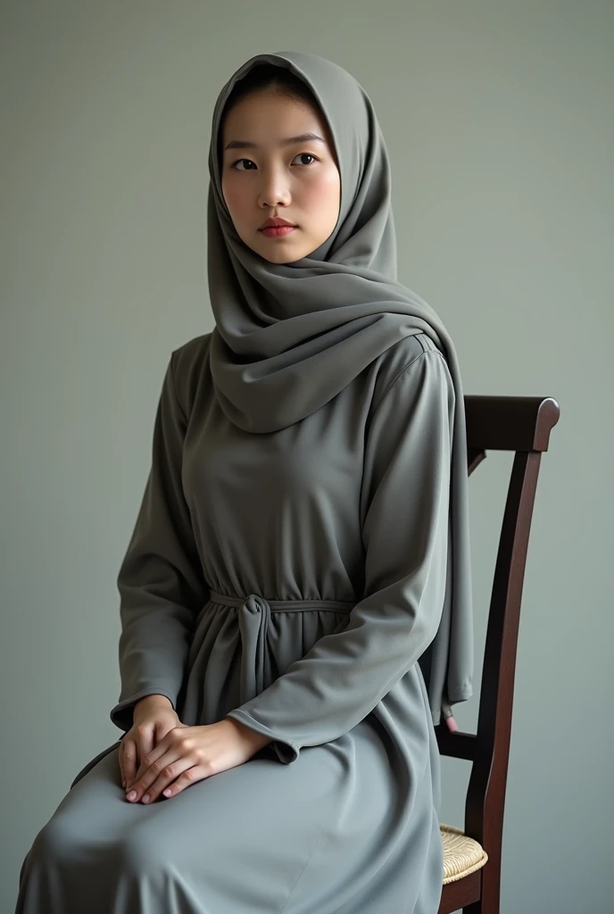 Full body, yo asian girl wearing hijab and grey dress posing on chair