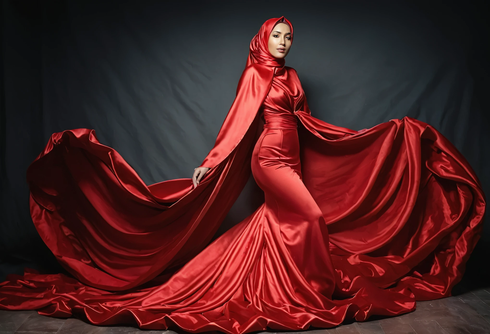 A woman shrouded in a 10-meter-long, plush red satin cloth, tightly bound and grandly draping along the form of her body, flowing off into a pooled floor-length train, styled in a mermaid-inspired outfit, her head modestly veiled in a satin hijab, tall woman, walking in photo studio, a full-body pose posing in front of people, captured in a 4k resolution, ultra-realistic