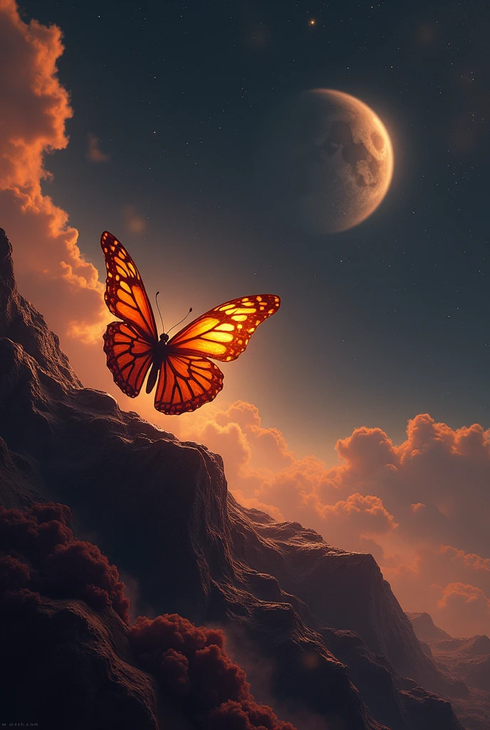 Orange butterfly in space perched on a planet in realistic style
