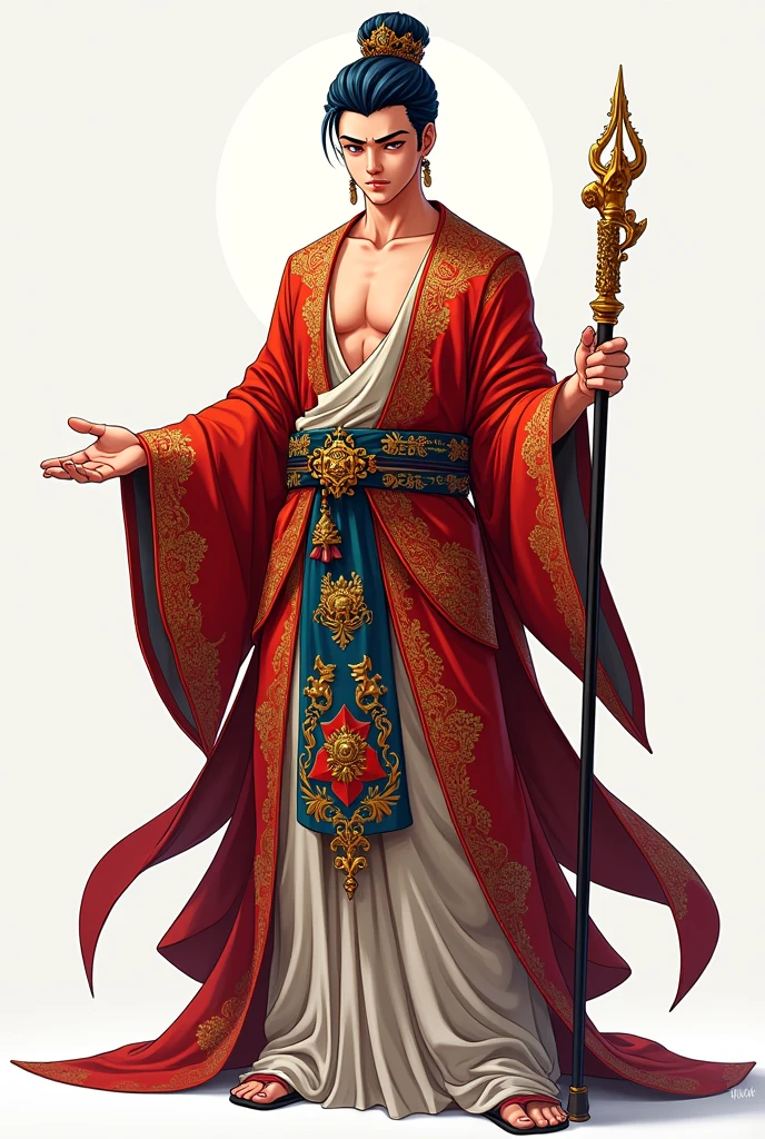 Text saying "Rebellious Buddha", Title saying "Rebellious Buddha", Rebellious Buddha,age adult, majestic, luxurious clothing, staff, anime
