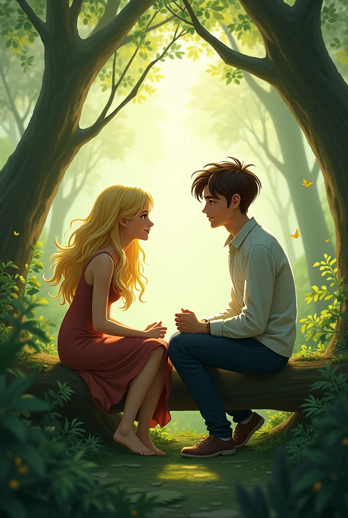 I need a blonde woman and a brown-haired man sitting in a forest talking