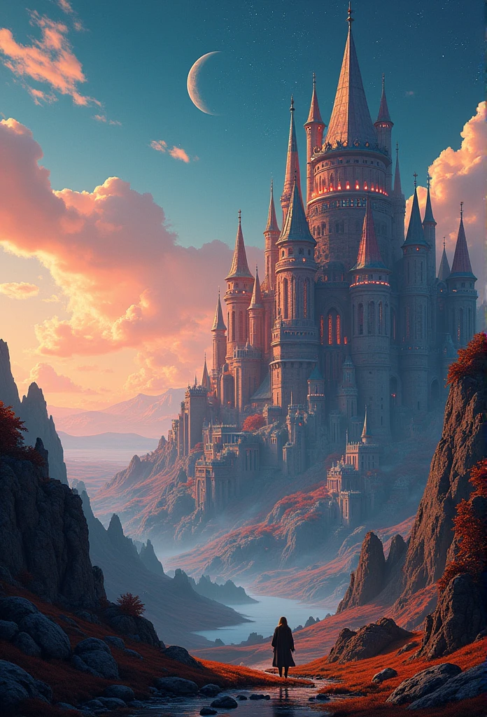 4k highly detailed digital art, 4k hd wallpapers very detailed, Impressive fantasy landscape, Sci-fi fantasy desktop wallpaper, Unreal Engine 4K Wallpaper, 4k detailed digital art, Sci-fi fantasy wallpaper, Epic dreamlike fantasy landscape, 4k HD matte digital, 8k HD Wallpaper Digital Art Close-up of a poster,Buildings in the background, A starlit city at sunset, Ivan Bilibin (Ivan Bilibin) of inspiration, Grainy Risograph Matte, Sacred City | illustration, inspired author:Igor Grabar, slav epic, Magical Soviet town, author:Igor Grabar, 受到瓦西里·马克西莫夫of inspiration, Andrei Ryakin (Andrei Ryabushkin) of inspiration,flat,illustration
