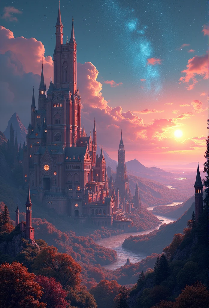  4k highly detailed digital art, 4k hd wallpapers very detailed, Impressive fantasy landscape, Sci-fi fantasy desktop wallpaper, Unreal Engine 4K Wallpaper, 4k detailed digital art, Sci-fi fantasy wallpaper, Epic dreamlike fantasy landscape, 4k HD matte digital, 8k HD Wallpaper Digital Art Close-up of a poster，Buildings in the background, A starlit city at sunset, Ivan Bilibin (Ivan Bilibin) of inspiration, Grainy Risograph Matte, Sacred City | illustration, inspired author：Igor Grabar, slav epic, Magical Soviet town, author：Igor Grabar, 受到瓦西里·马克西莫夫of inspiration, Andrei Ryakin (Andrei Ryabushkin) of inspiration，flat，illustration